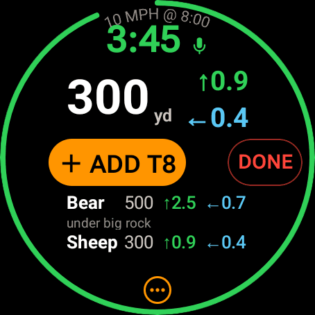 Wrist Dope Wear OS hunter capture with the mic on, showing logged targets Bear at 500 yards with the note under big rock and Sheep at 300 yards