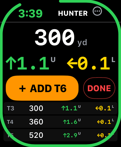 Wrist Dope Apple Watch hunter capture screen at 3:39 with a dialed range of 300 yards, a hold of 1.1 up and 0.1 left, an ADD T6 button, a DONE button, and the last three logged targets