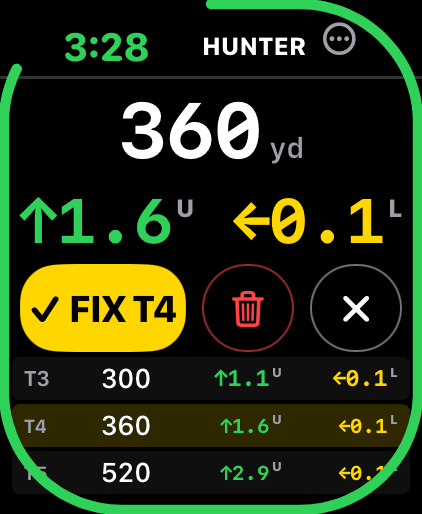 Wrist Dope Apple Watch hunter capture screen editing target T4 at 360 yards, with a yellow FIX T4 button, a red trash button and a cancel button, and the T4 row highlighted