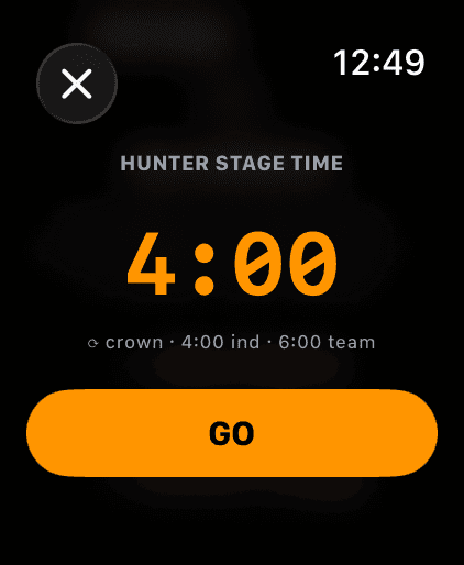 Wrist Dope Apple Watch HUNTER STAGE TIME picker at 4:00 with the hint 4:00 individual, 6:00 team, and a GO button