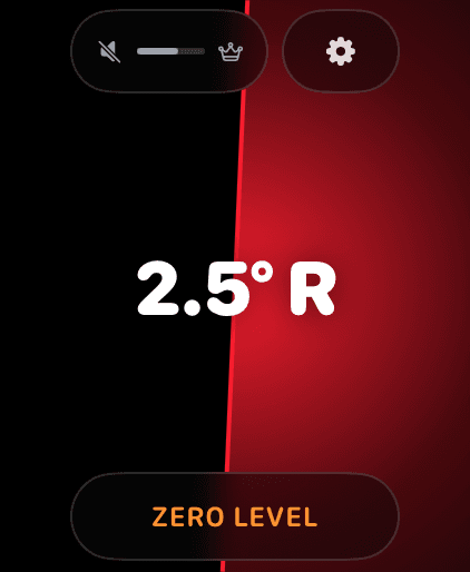 LEVEL screen with the sound pill muted, showing a crossed-out speaker icon and a dimmed volume bar