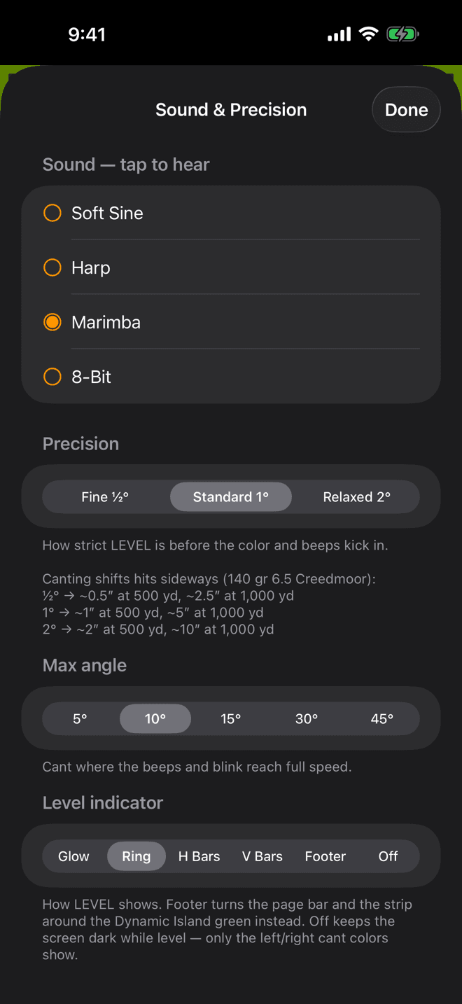 Wrist Dope Sound and Precision sheet on iPhone with the Level indicator control set to Ring among Glow, Ring, H Bars, V Bars, Footer and Off