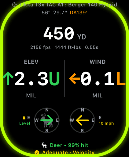 Wrist Dope Live Fire on Apple Watch Ultra at 450 yards with a green ring along the screen edge showing the rifle is level