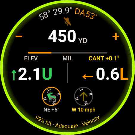 Wrist Dope Live Fire on a Wear OS watch at 450 yards with a lime ring around the screen edge showing the rifle is level