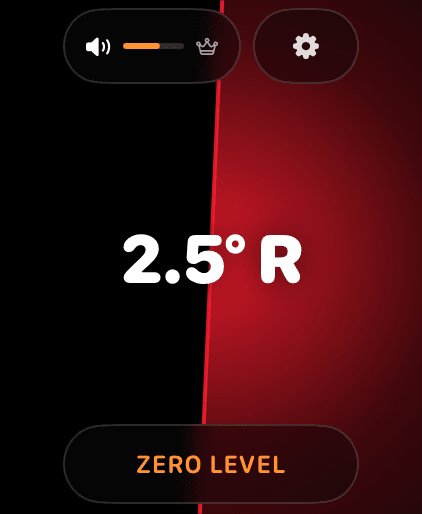 Wrist Dope LEVEL screen showing a 2.5 degree right cant with a red glow, ZERO LEVEL button at the bottom, sound pill and gear at the top