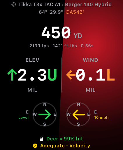 Live Fire screen showing elevation and wind holds with a red glow on the right side indicating right cant