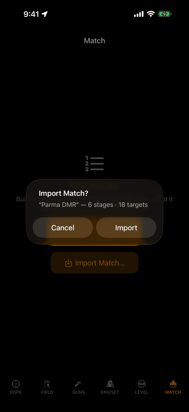 Wrist Dope iPhone showing the Import Match confirmation naming the match with its stage and target counts
