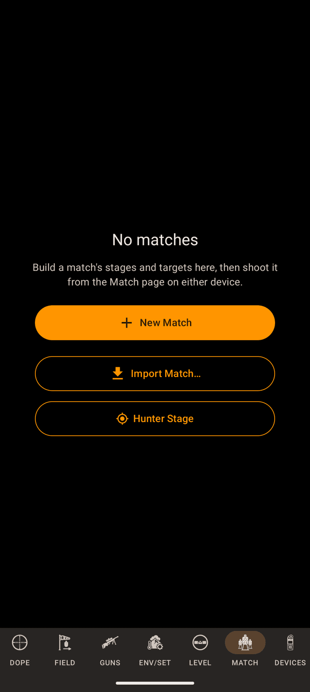 Wrist Dope MATCH page on an Android phone reading No matches, with New Match, Import Match and Hunter Stage buttons