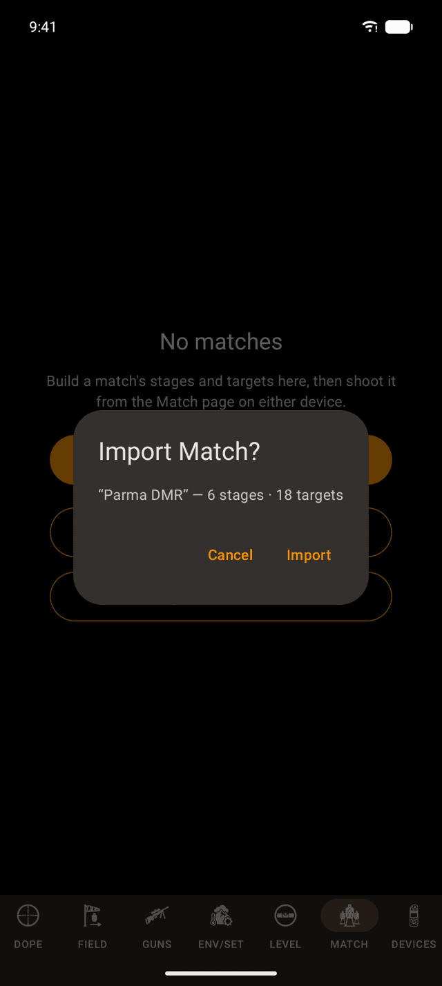 Import Match dialog on an Android phone naming Parma DMR with 6 stages and 18 targets, with Cancel and Import buttons