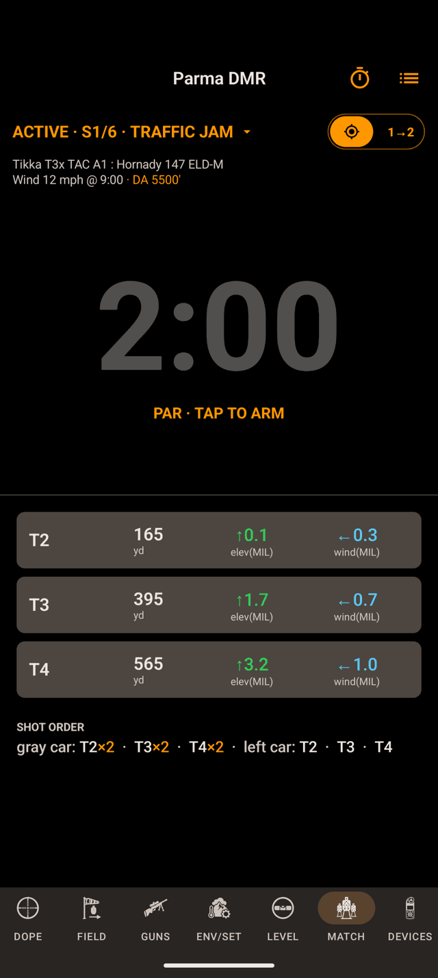Wrist Dope Stage Card on an Android phone for Parma DMR, ACTIVE S1 of 6 Traffic Jam, with the load and wind line, a 2:00 par clock reading PAR, TAP TO ARM, three target rows with elevation and wind holds, and the shot order