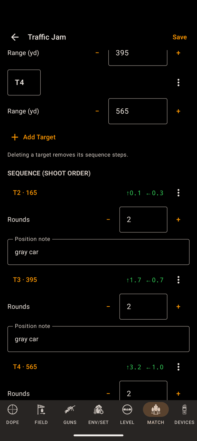 Stage editor on an Android phone scrolled to the shoot order, each sequence step showing its target, range and live elevation and wind hold, with rounds and a gray car position note