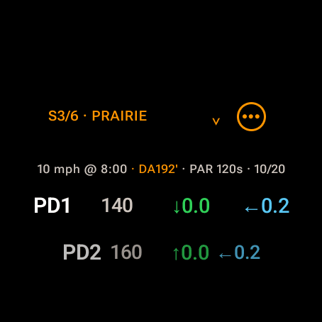 Wrist Dope Stage Card on a Wear OS watch headed S3 of 6 Prairie, with a line for wind, density altitude, par and rounds, and two target rows with elevation and wind holds