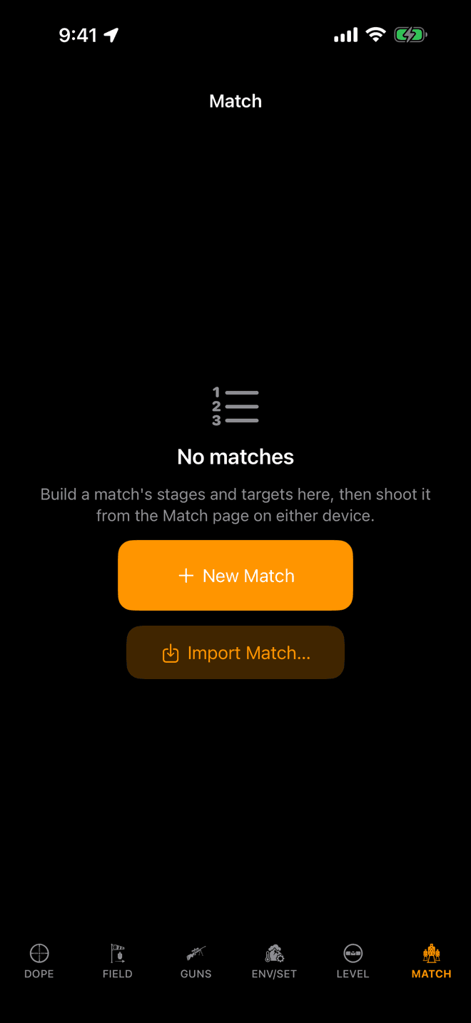 Wrist Dope iPhone MATCH page with no matches yet, showing the New Match and Import Match buttons
