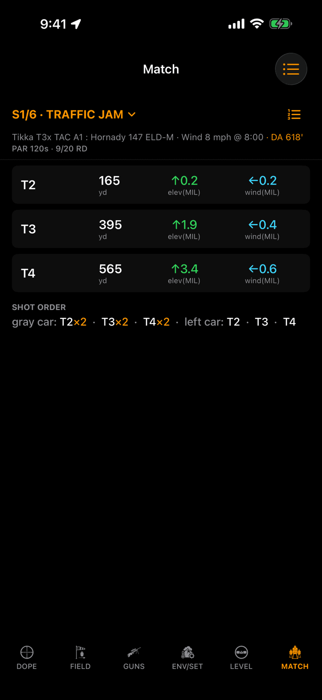 Wrist Dope iPhone Stage Card showing the stage name, load, wind and density altitude, and target rows with elevation and wind holds