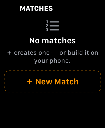 Wrist Dope watch MATCHES page reading No matches, with a New Match button