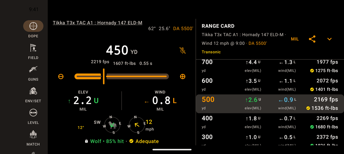 Wrist Dope on an Android phone in landscape: the page menu runs down the left edge as a vertical rail, with the Live Fire holds beside it and the range card filling the right half