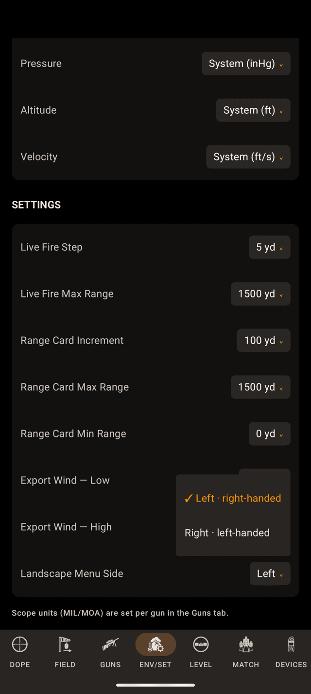 The SETTINGS group on the Android ENV/SET page: Export Wind Low and High, and the Landscape Menu Side picker open on Left, right-handed and Right, left-handed