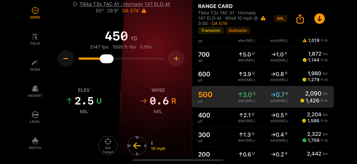 Wrist Dope on iPhone in landscape: the page menu runs down the left edge as a vertical rail, with Live Fire holds beside it and the range card filling the right half