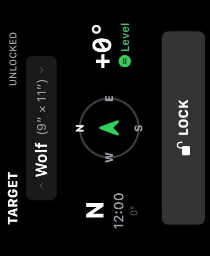 Wrist Dope Target page on Apple Watch rotated 270 degrees, showing the target compass, the shot angle and the LOCK button reading sideways