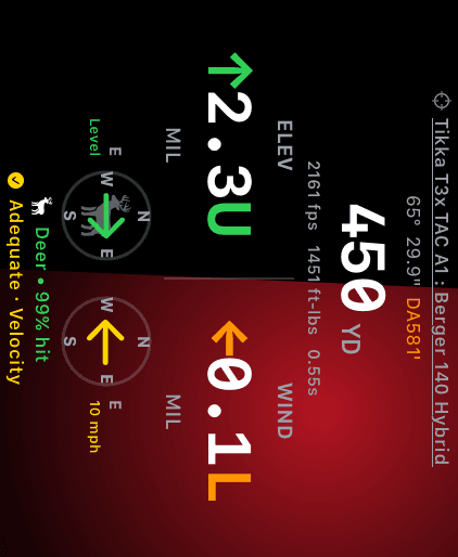 Wrist Dope Live Fire on Apple Watch with the whole interface rotated 90 degrees, elevation and wind holds reading sideways to match a rail-mounted watch