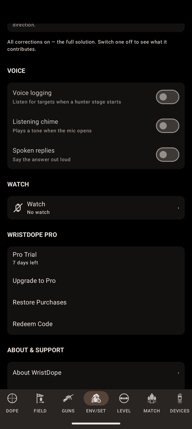Wrist Dope Android ENV/SET page Pro section during a trial, reading Pro Trial, 7 days left, with Upgrade to Pro, Restore Purchases and Redeem Code