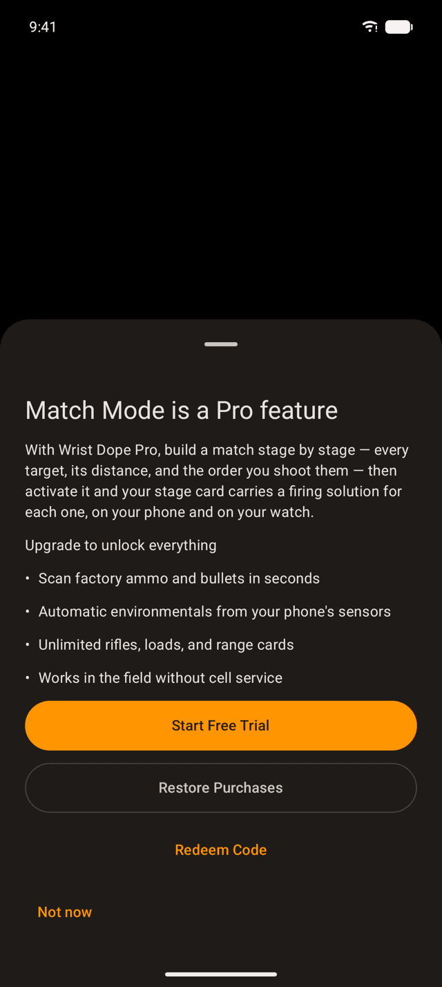 Wrist Dope Android sheet titled Match Mode is a Pro feature, listing what Pro includes, with Start Free Trial, Restore Purchases, Redeem Code and Not now