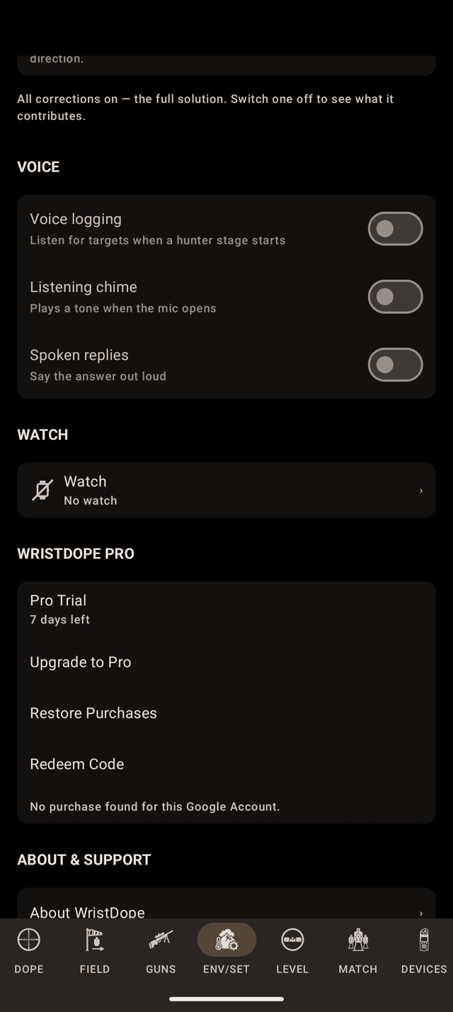 Wrist Dope Android Pro section after Restore Purchases, with the line No purchase found for this Google Account