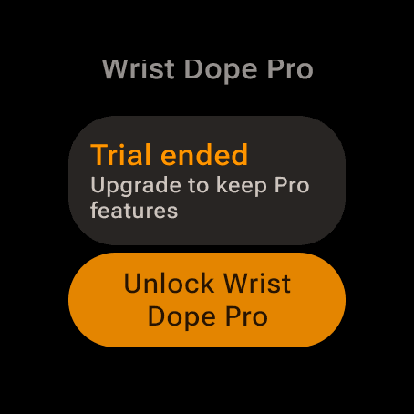 Wrist Dope Wear OS Settings Pro section reading Trial ended, Upgrade to keep Pro features, with an Unlock Wrist Dope Pro button