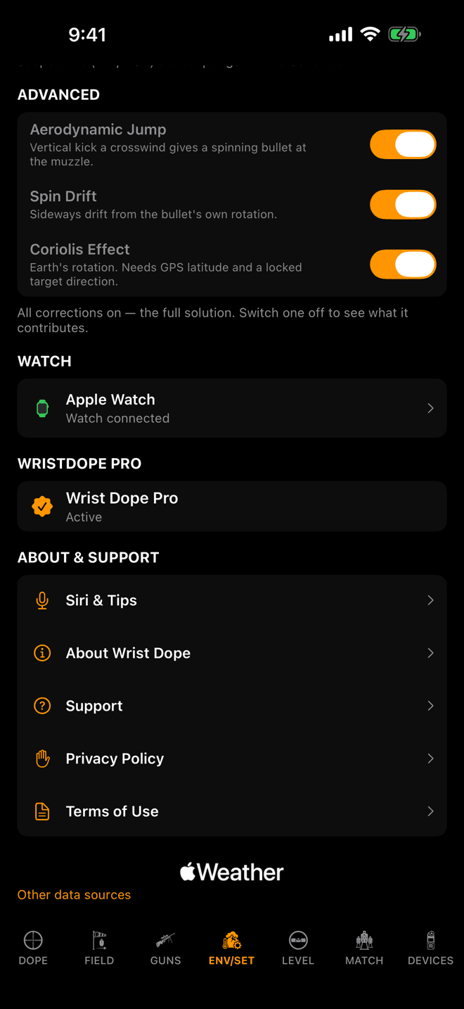 Wrist Dope iPhone ENV/SET page Pro section reading Wrist Dope Pro, Active
