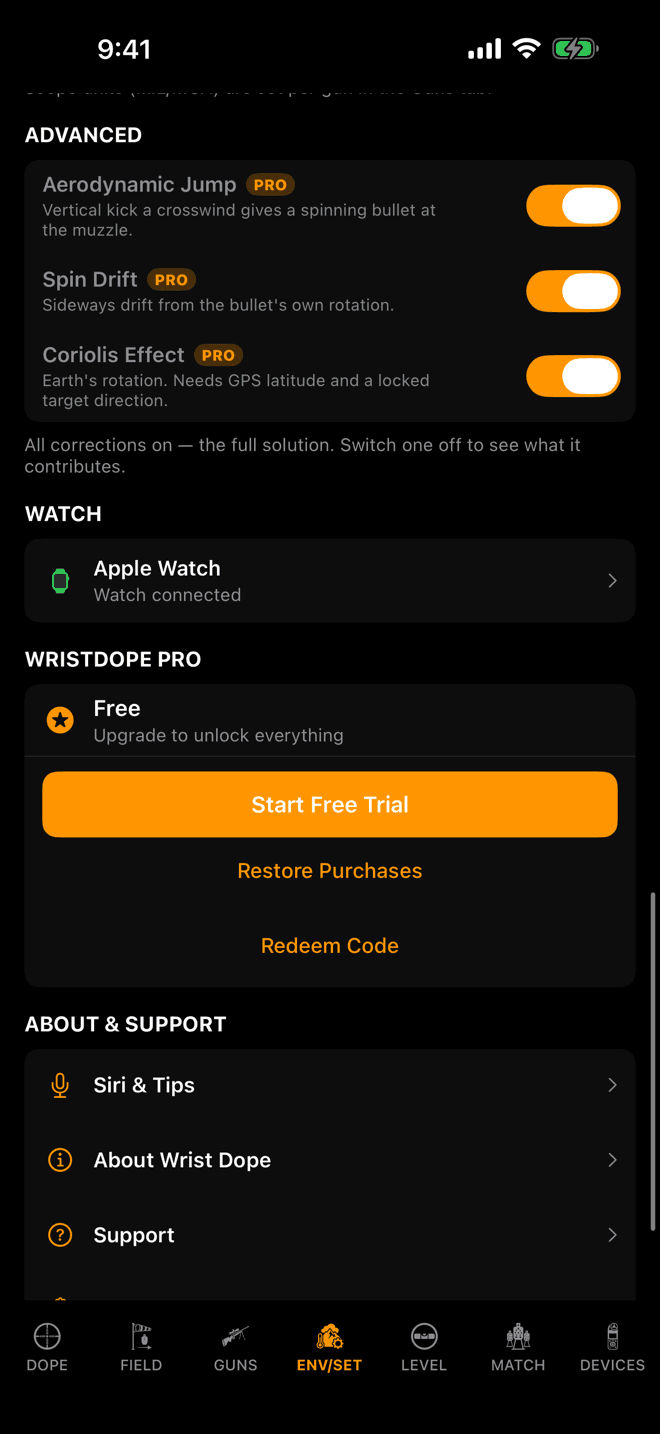 Wrist Dope iPhone ENV/SET page Pro section reading Free, Upgrade to unlock everything, with Start Free Trial, Restore Purchases and Redeem Code