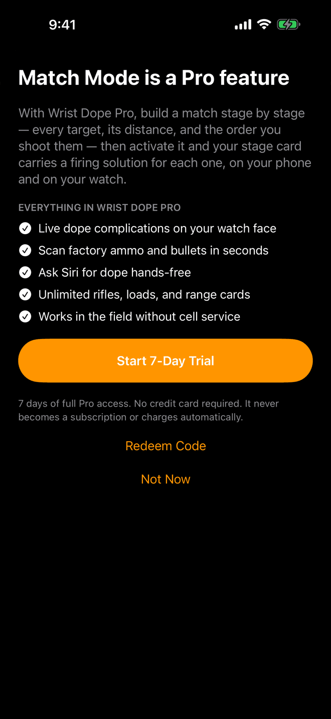 Wrist Dope iPhone sheet titled Match Mode is a Pro feature, listing what Pro includes, with a Start 7-Day Trial button, a line saying no credit card is required, and Redeem Code and Not Now