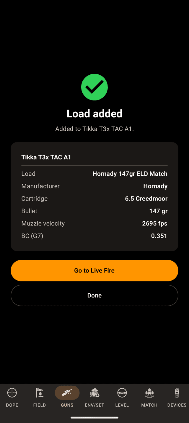 Wrist Dope scan result on an Android phone reading Load added, Added to Tikka T3x TAC A1, with the same Hornady 147 grain ELD Match load