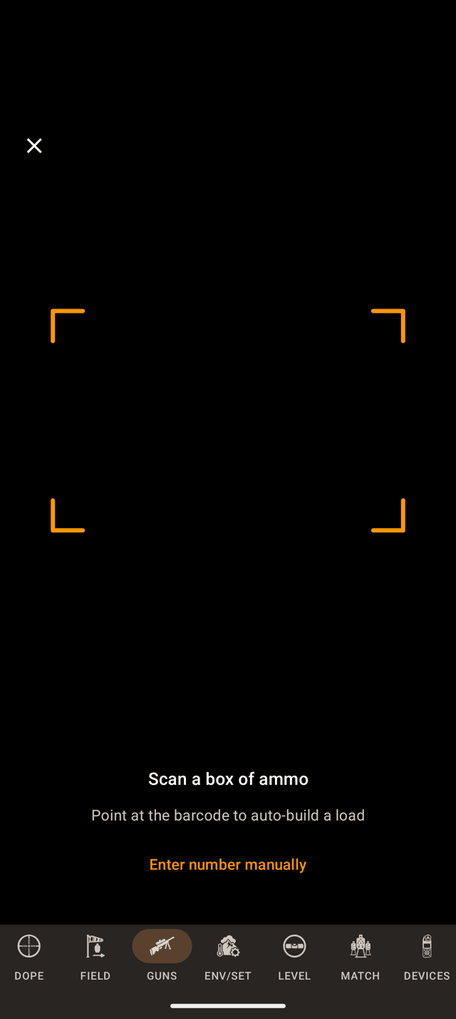 Wrist Dope barcode scanner on an Android phone with an orange corner frame, a close button, the words Scan a box of ammo, and an Enter number manually button