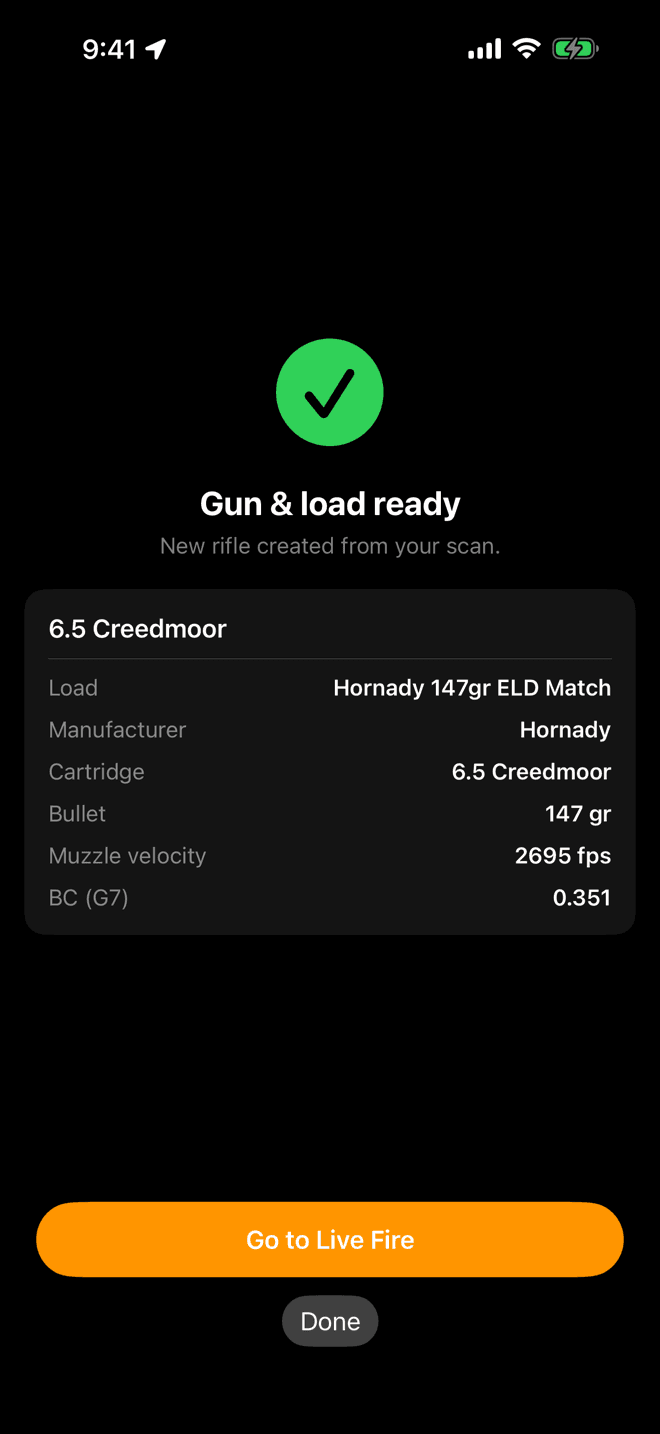 Wrist Dope scan result on iPhone reading Gun and load ready, with load name, manufacturer, cartridge, 147 grain bullet, 2695 fps muzzle velocity and a G7 BC of 0.351