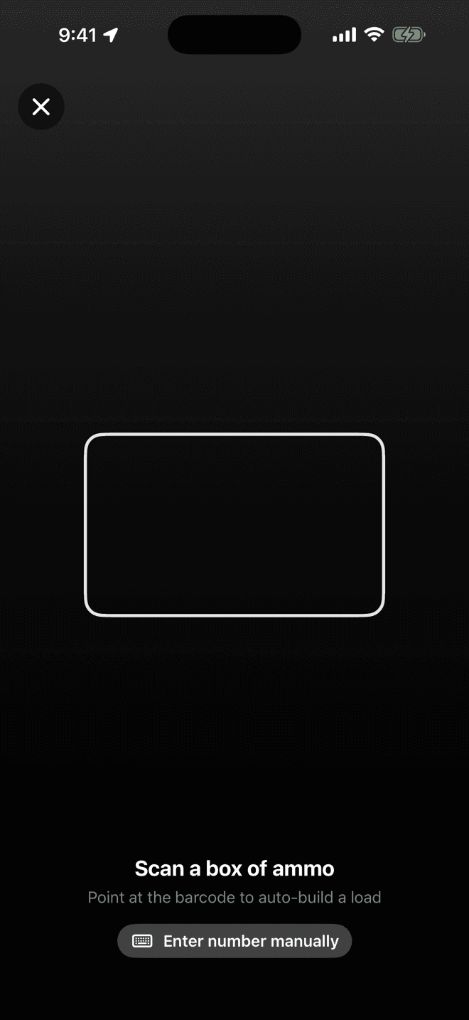 Wrist Dope barcode scanner on iPhone with a rectangular capture frame, the words Scan a box of ammo, and an Enter number manually button