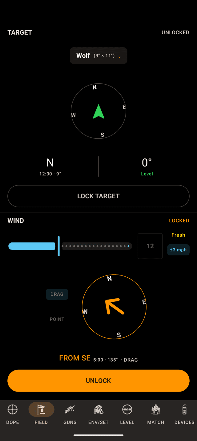 Wrist Dope FIELD page on an Android phone with the target unlocked, a north bearing and a 0 degree Level angle above LOCK TARGET