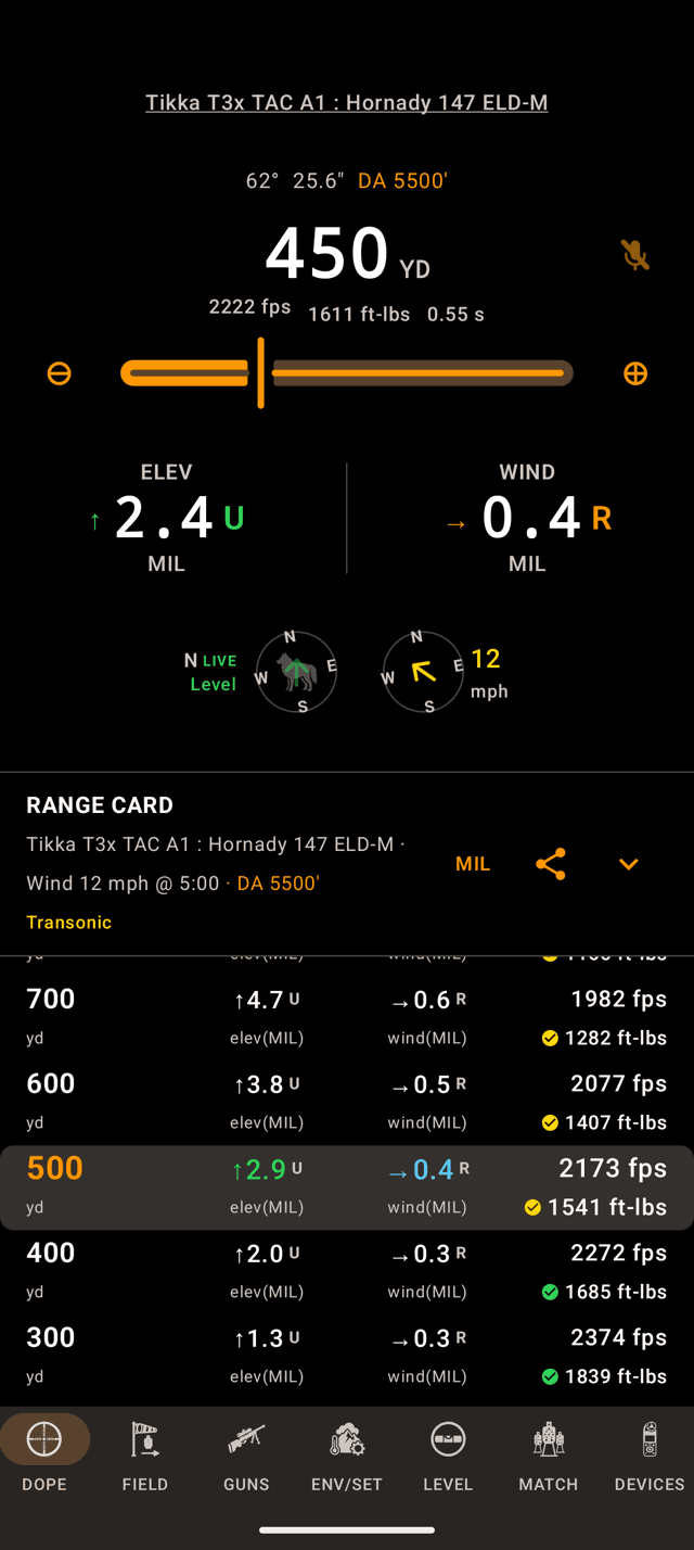 Wrist Dope Android Live Fire with the target unlocked and the bearing reading N with a green LIVE tag and Level under it, while the range card header still shows the stored wind call