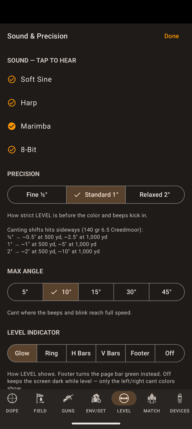Wrist Dope Sound and Precision sheet on an Android phone with Sound, Precision, Max angle and the Level indicator control set to Glow