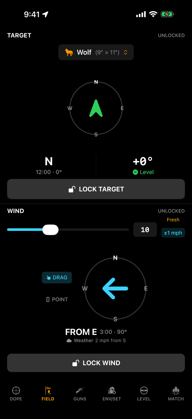 Wrist Dope FIELD page showing the target compass, the shot angle reading plus zero degrees with a green Level chip, and the LOCK TARGET button
