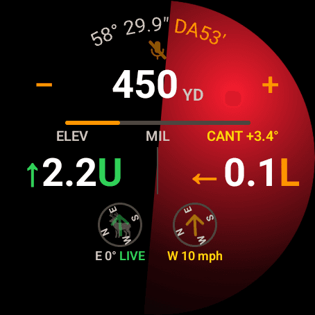 Wrist Dope Wear OS Live Fire with a red cant glow, CANT +3.4 degrees beside the holds, and the bearing E 0 degrees marked LIVE