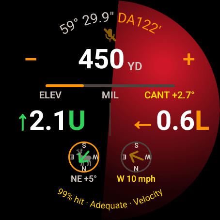 Wrist Dope Live Fire on a Wear OS watch at 450 yards with a red glow on the right half and a yellow CANT +2.7 degree tag
