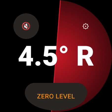 Wrist Dope Level page on a Wear OS watch with the sound pill muted, a crossed speaker in grey, reading 4.5 degrees right