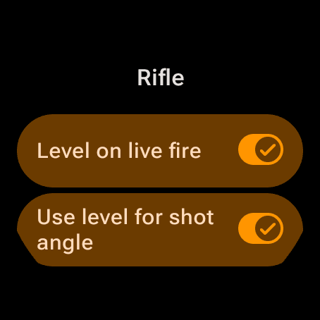 Wrist Dope Wear OS Level settings, Rifle section, with Level on live fire and Use level for shot angle switched on