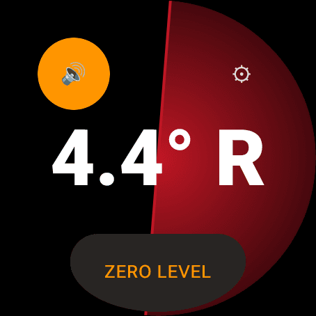 The Wrist Dope Level page on a Wear OS watch, drawn upright, reading 4.4 degrees of right cant above the ZERO LEVEL button