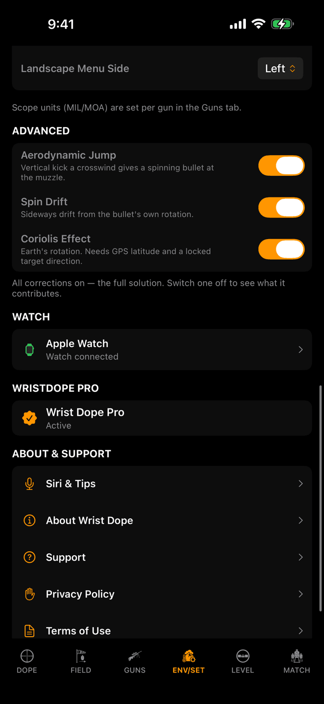 Wrist Dope ADVANCED section on iPhone with Aerodynamic Jump, Spin Drift and Coriolis Effect all switched on, above the WATCH, WRISTDOPE PRO and ABOUT sections