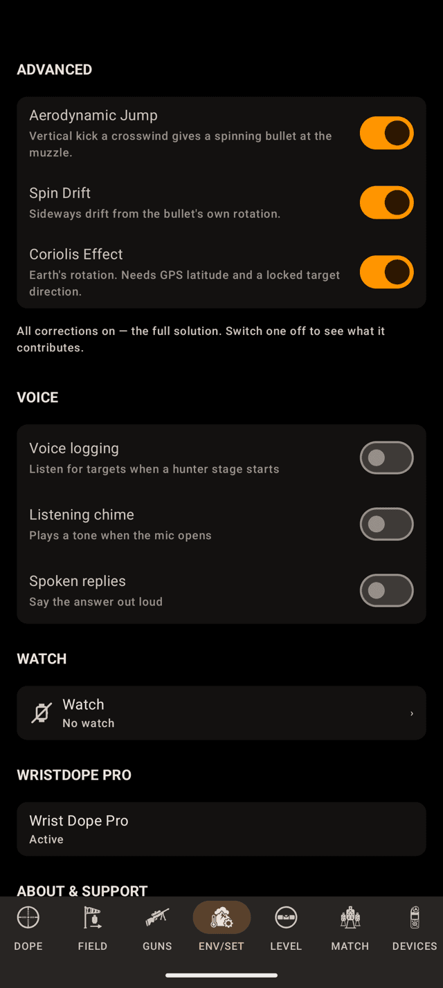 The ADVANCED group on the Android ENV/SET page: Aerodynamic Jump, Spin Drift and Coriolis Effect all switched on, with the VOICE, WATCH and WRISTDOPE PRO groups below