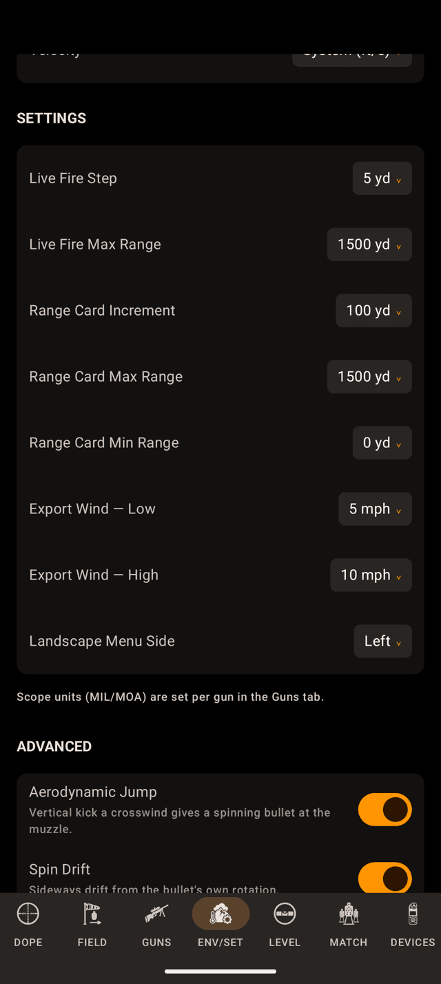 Wrist Dope SETTINGS section on an Android phone listing Live Fire Step, Live Fire Max Range, Range Card Increment, Range Card Max Range, Range Card Min Range, Export Wind Low and High, and Landscape Menu Side