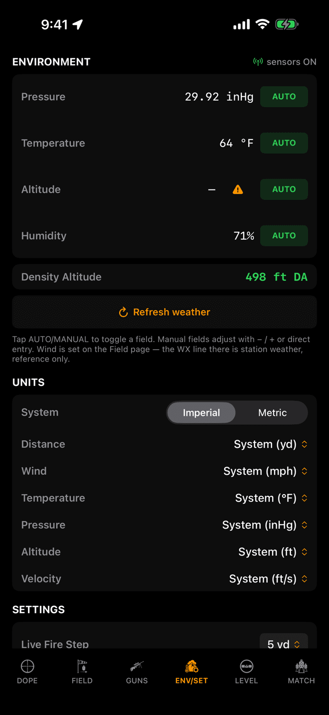 Wrist Dope ENV/SET page on iPhone showing the ENVIRONMENT rows with AUTO chips, the density altitude readout, and the UNITS section below