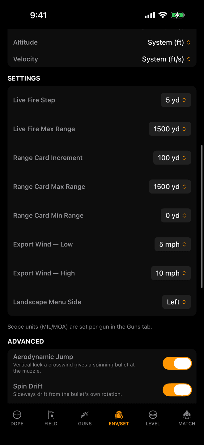 Wrist Dope SETTINGS section on iPhone listing Live Fire Step, Live Fire Max Range, Range Card Increment, Range Card Max Range, Range Card Min Range, Export Wind Low and High, and Landscape Menu Side