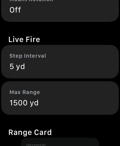 Wrist Dope Settings on Apple Watch showing the Live Fire section with Step Interval 5 yd and Max Range 1500 yd, and the Range Card section below